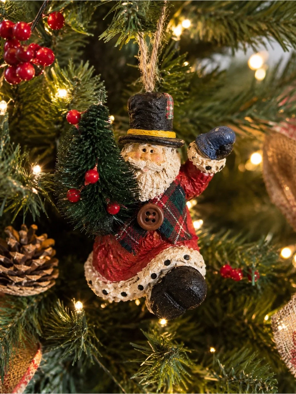 Rustic Vintage Style Santa Ornament Bottle Brush Tree Farmhouse Christmas Decor